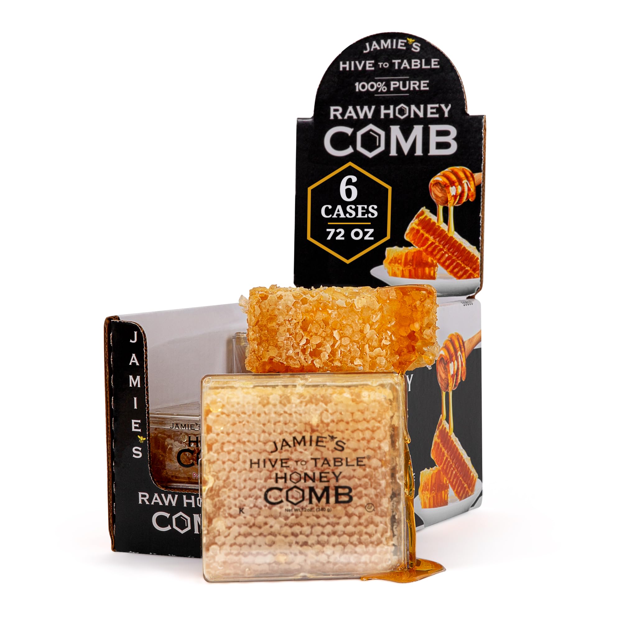 Jamie’s Hive To Table 100% Raw Honeycomb, 72 Oz (Pack of 6) – All-Natural Pure Georgia Honeycomb – Fresh Georgia Honeycomb with Bee Pollen and Propolis, No Additives or Preservatives, Non-GMO