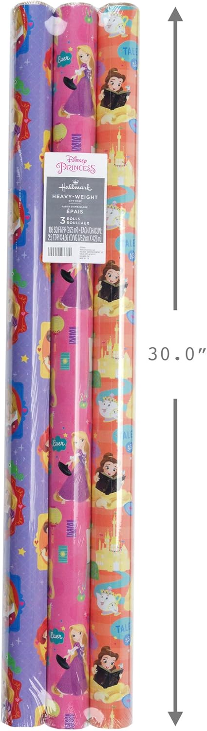 Hallmark Disney Princess Wrapping Paper with Cut Lines (Pack of 3, 105 sq. ft. ttl.) with Belle, Ariel, Cinderella, Rapunzel and More for Birthdays, Christmas or Any Occasion: Kitchen & Dining