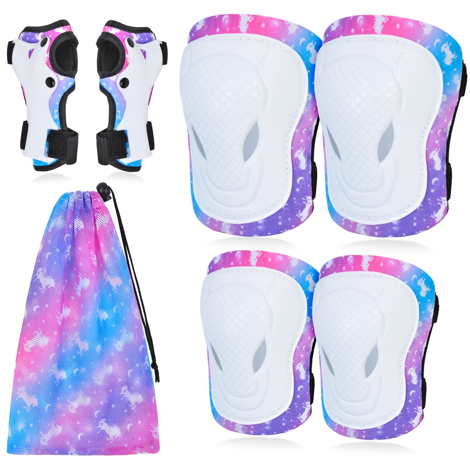 Ausletie Knee Pads for Kids Elbow Pads Wrist Guards, 7 in 1 Protective Gear Set with Drawstring Bag for Girls Skateboard Roller Skating Scooter Cycling, 3-8 Years (Blue&Purple Unicorn)
