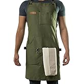 Asaya Chef and BBQ Apron with Bottle Opener and Hand Towel - 10oz Cotton Canvas, Stainless Steel Hardware - Cross Back Straps