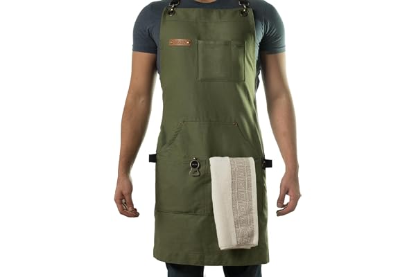 Asaya Chef BBQ and Work Apron with Bottle Opener - Hand Towel-Durable 10oz Cotton Canvas,Brass Hardware and Cross Back Straps