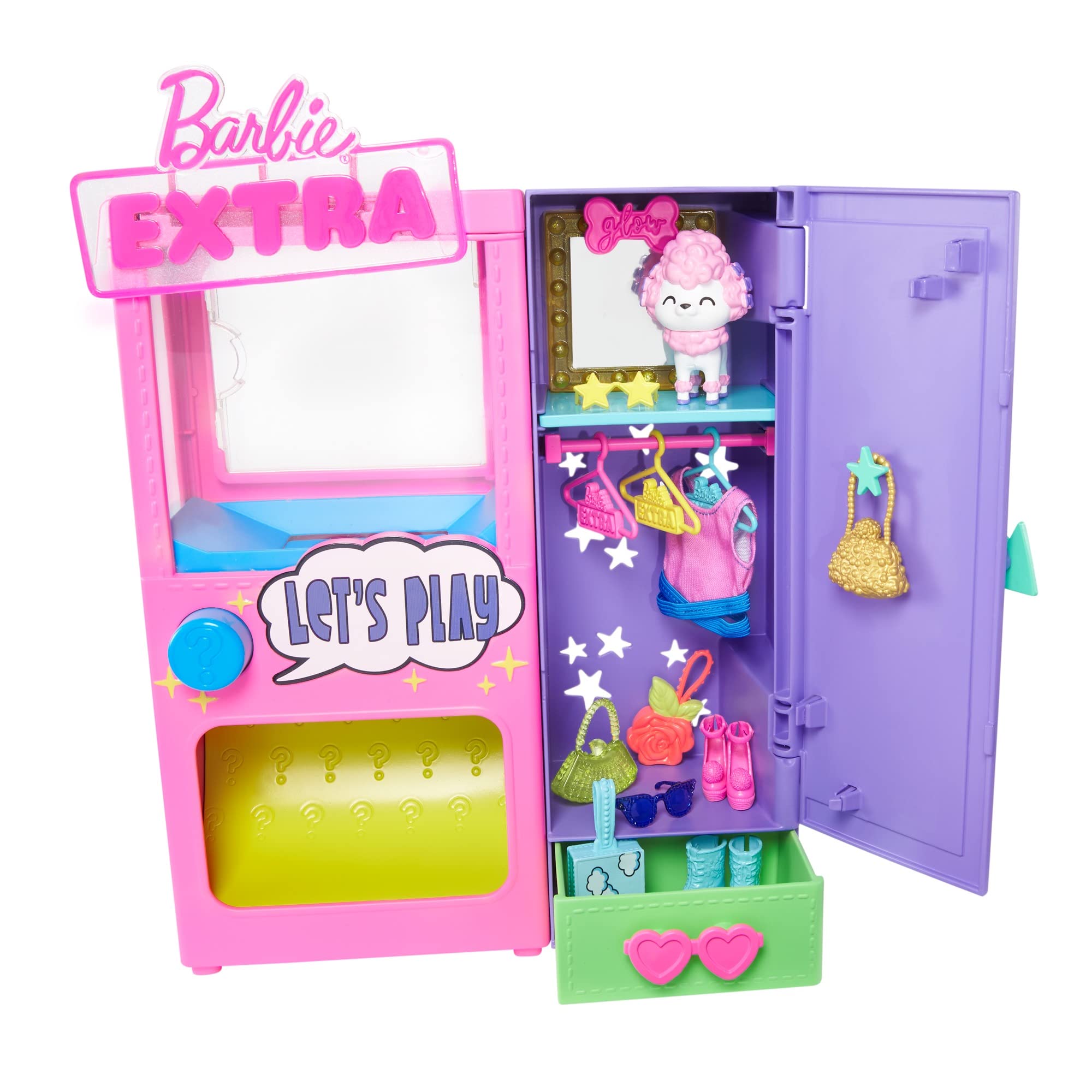 Barbie Extra Surprise Fashion Playset with 20 Pieces Including Pet Poodle, Closet and Push-Button Feature that Dispenses Fashion Accessories, Gift for 3 Year Olds & Up