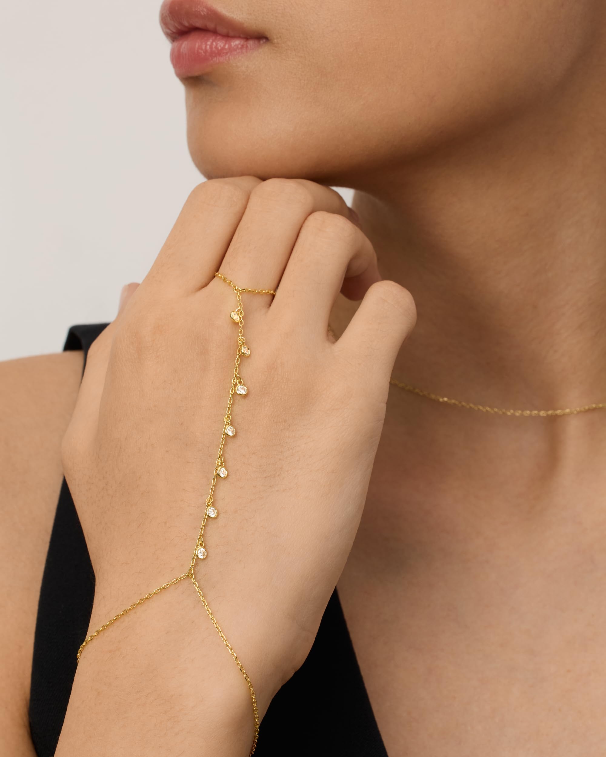 PAVOI 14K Gold Plated Freshwater Pearl Gold Hand Chain Bracelet for Women - Trendy Ring Bracelet Hand Chain Body Jewelry