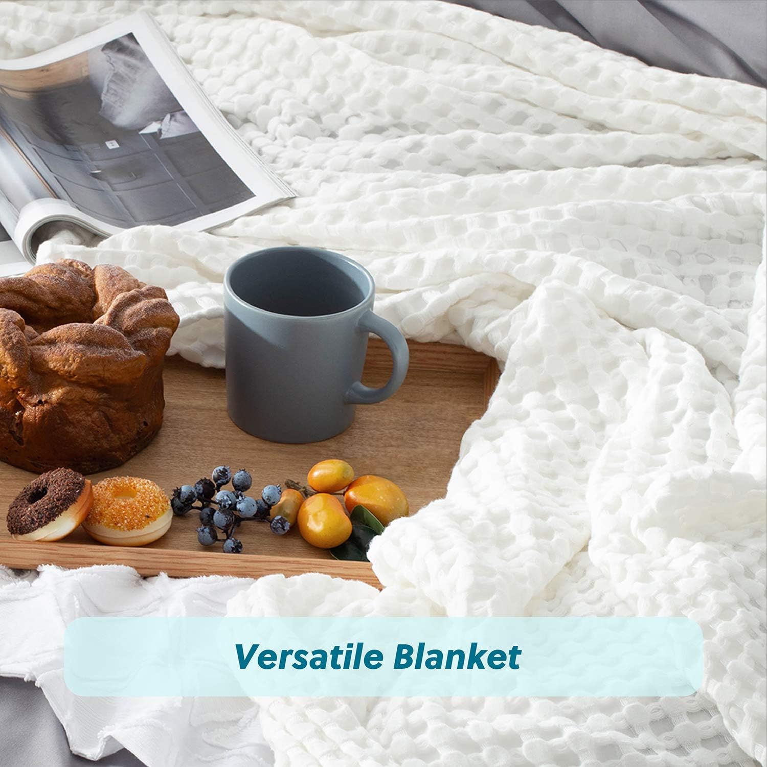 Bedsure 50% Cotton 50% Bamboo Blanket, Waffle Weave Blanket for Couch/Bed, Soft Lightweight Blanket for All Season(Full/Queen Size, 90 x 90'', White): Kitchen & Dining