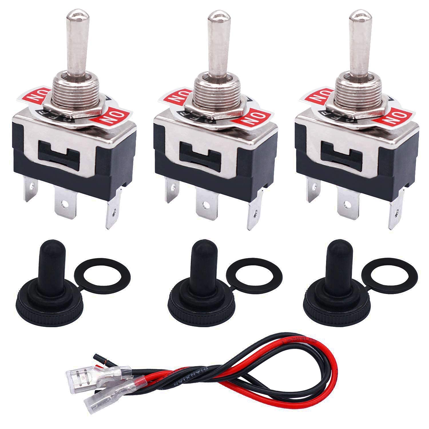 Taiss/3 Pcs Momentary Rocker Toggle Switch Heavy Duty 3 Pins 3 Position (ON)/Off/(ON) SPDT 16A 250VAC Spade Terminal Metal Switch with Waterproof Boot Cap+6.3mm Wires TEN-123MX-B123