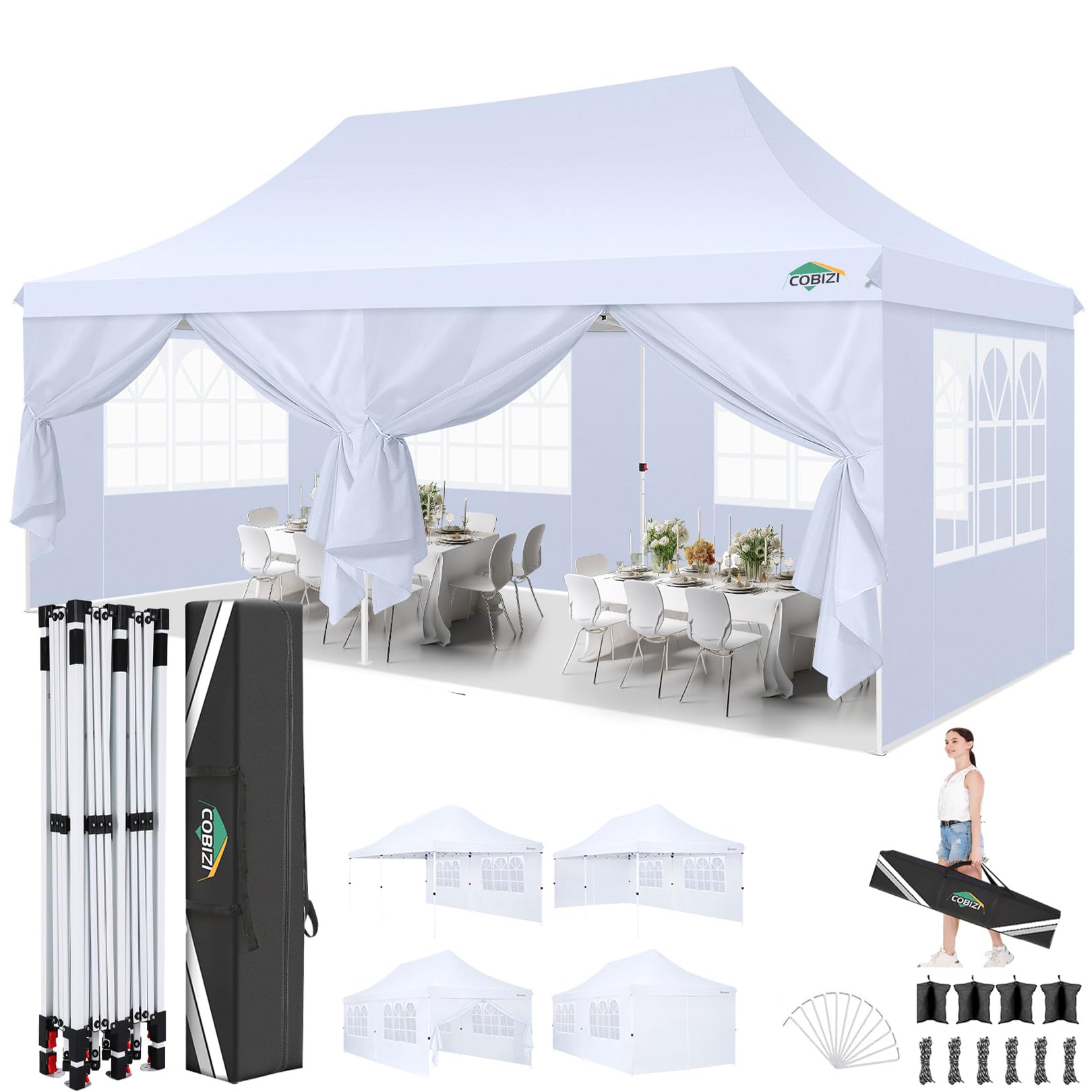 Photo 1 of COBIZI 10x20 Pop Up Canopy with 6 Sidewalls, Conical Party Tent 10x20 with 3 Adjustable Height Waterproof, UV-Resistant with Carry Bag, Sandbag, Stake, Tents for Parties, Commercial (Frame Upgraded)