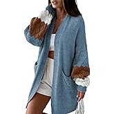 Yidarer Women Oversized Knit Cardigan Open Front Color Block Sweater Casual Fall Outfits with Pockets