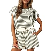 Sweetmoon Two Piece Sets for Women Summer, Striped Matching Pajamas for Women Set Shorts and Top, Travel Lounge Outfits