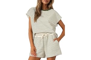 Sweetmoon Two Piece Sets for Women Summer Outfits, Striped Short Set Short Sleeve Top and Shorts Matching Sets Women Clothing