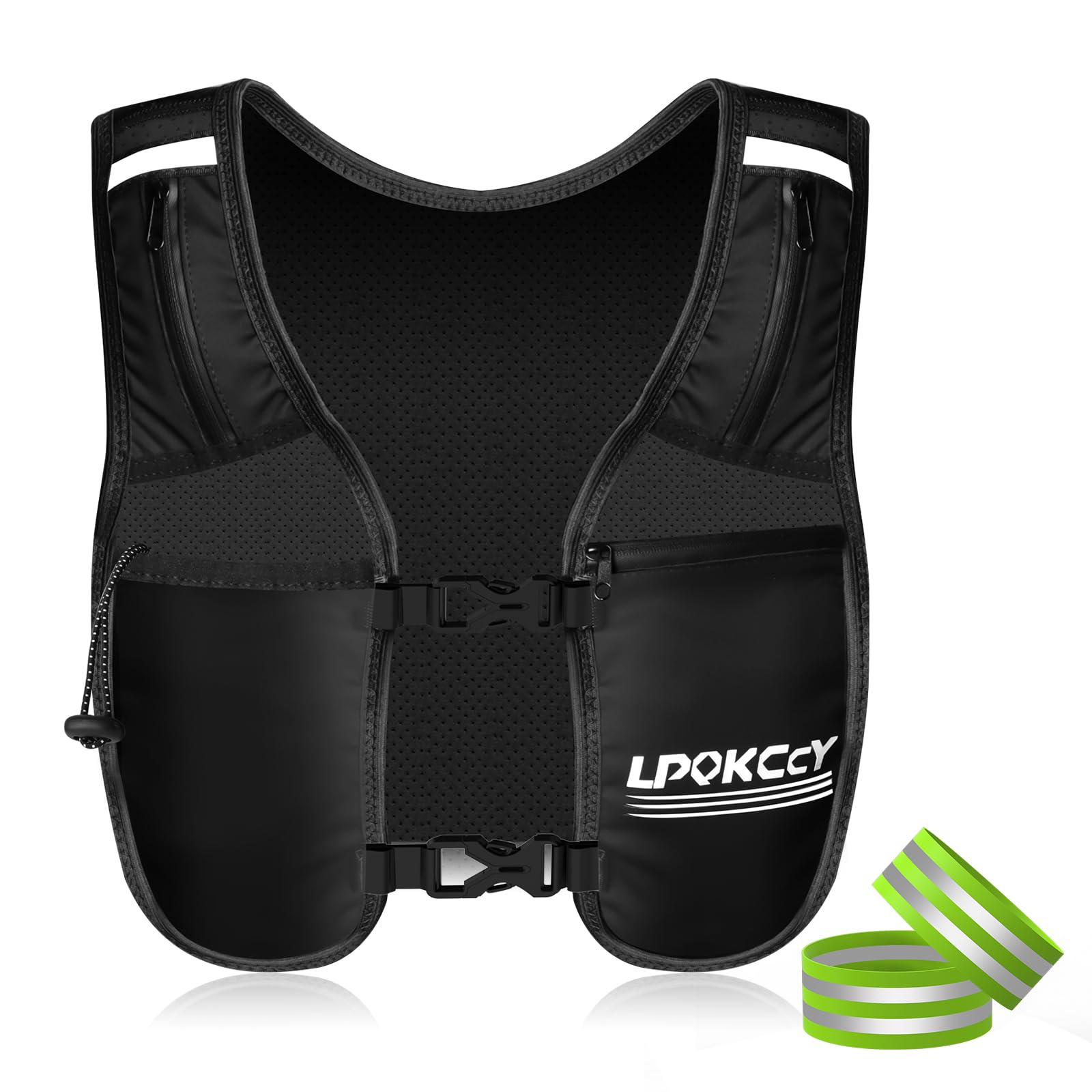 Running Vest with 2 Hi Vis Reflective Armbands and Adjustable Waistband, Lightweight Hydration Pack with 5 Pockets Phone Holder for Women Mens