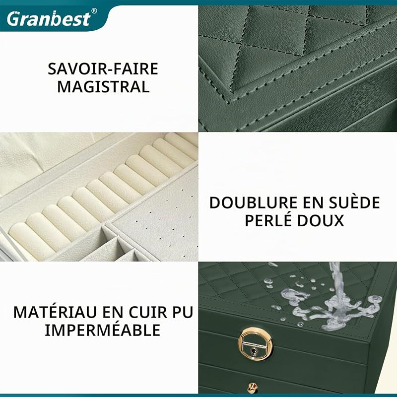 Boîte à bijoux 3 étages avec 2 tiroirs, élégant coffret à bijoux en cuir, idéal pour colliers, bracelets, bagues et boucles d'oreilles (Vert foncé) — photo 5 sur 7