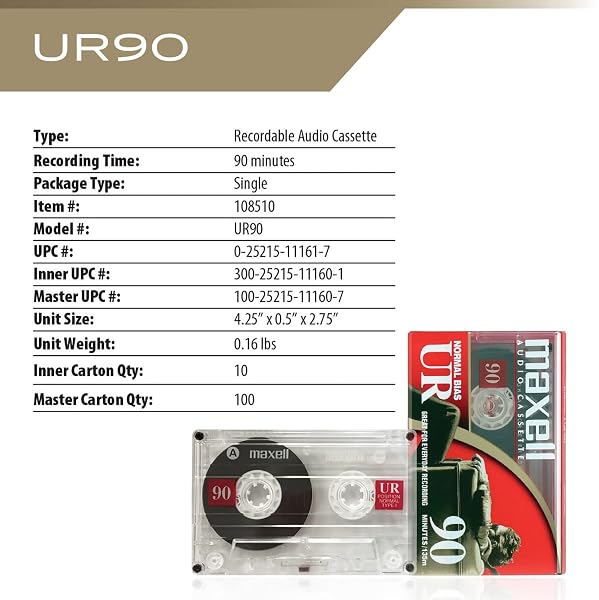 MAXELL UR 90 NORMAL BIAS BLANK AUDIO RECORDING CASSETTE TAPE, LOW NOISE, 90 MINUTE RECORDING TIME, 5 PACK