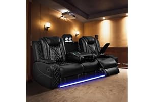 LYNGINS 3-Seater PU Leather Reclining Theater Sofa, Power Recliner Couch with Drop Down Table, Wireless Charger, Cup Holders, USB Ports, LED Light Strip, 170° Recline
