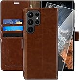 MONASAY Wallet Case Compatible for Galaxy S22 Ultra 5G, 6.8 inch [Included Screen Protector][RFID Blocking] Flip Folio Leather Cell Phone Cover with Credit Card Holder, Brown