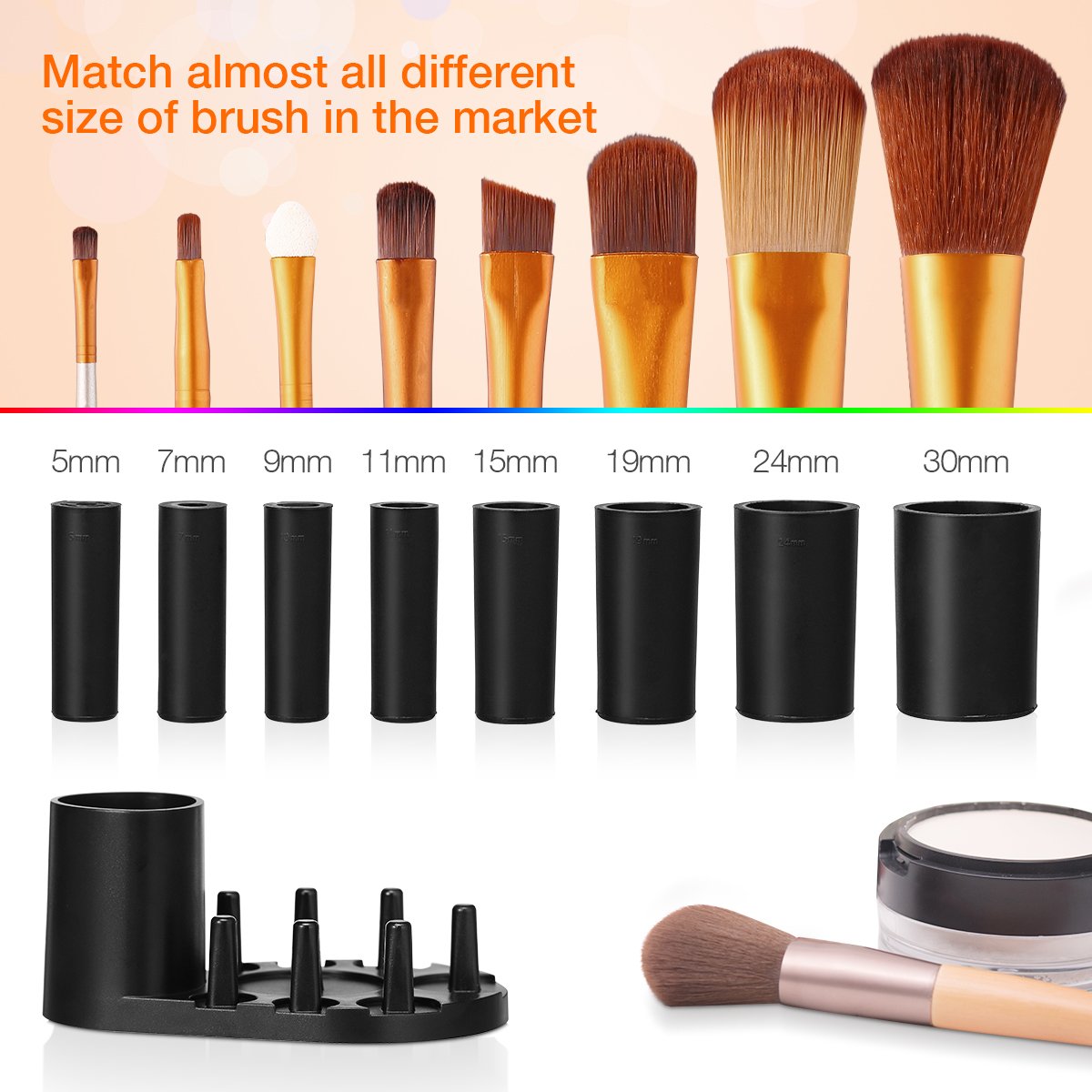 Makeup Brush Cleaner, Electric Makeup Brush Cleaner and Dryer for All Size Makeup Brushes with 8 Different Rubber Collars, Clean and Dry in Seconds (Black)