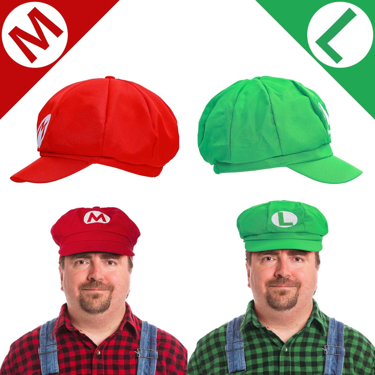 MOVINPE Super Mario Bros Hat Baseball Cap, Fake Mustaches, White Gloves, Yellow Buttons, Unisex Halloween Costume Cosplay for Adult Kids (Red Mario & Green Luigi 24pcs): Clothing