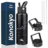 Konokyo 40oz Insulated Water Bottle Stainless Steel Sport Bottles with 3 Lids,Marble Midnight