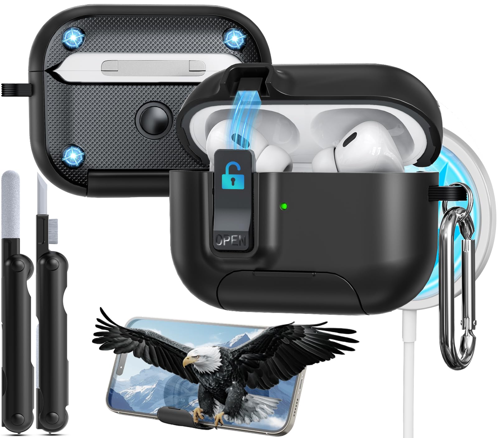 Photo 1 of MCTOPZO Compatible with AirPods Pro 2nd/1st Case(2019/2022/2023) with Phone Stand & Cleaning Kit Compatible with Magsafe,Magnetic Automatic Lock for iPod pro USB-C Charging Cover
