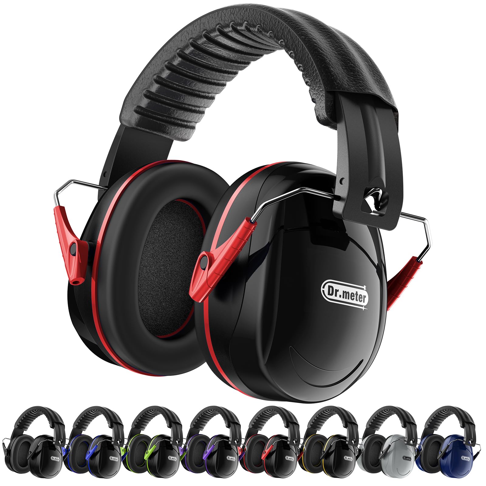 Dr.meter Ear Defenders Adults, SNR 31dB Noise Reduction Earmuffs with with Adjustable Headband Double Layers Hearing Protection for Gardening Yard Work black+red