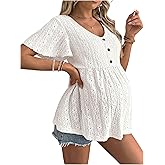 SHENHE Women's Maternity Peplum Tops Eyelet Floral Textured Flare Short Sleeve Button Loose Babydoll Pregnancy Tops