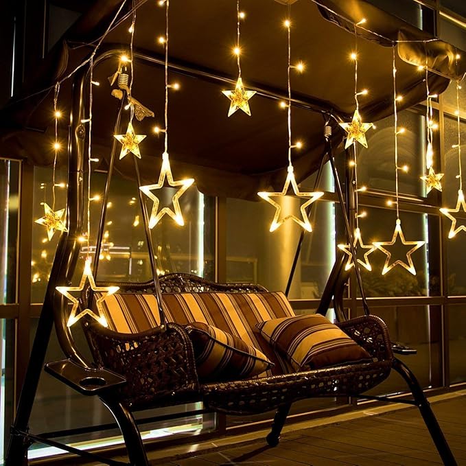 Techno E-Tail 138 LED Plastic Star Curtain String Lights with 8 Modes Hanging for Decoration (Warm White)