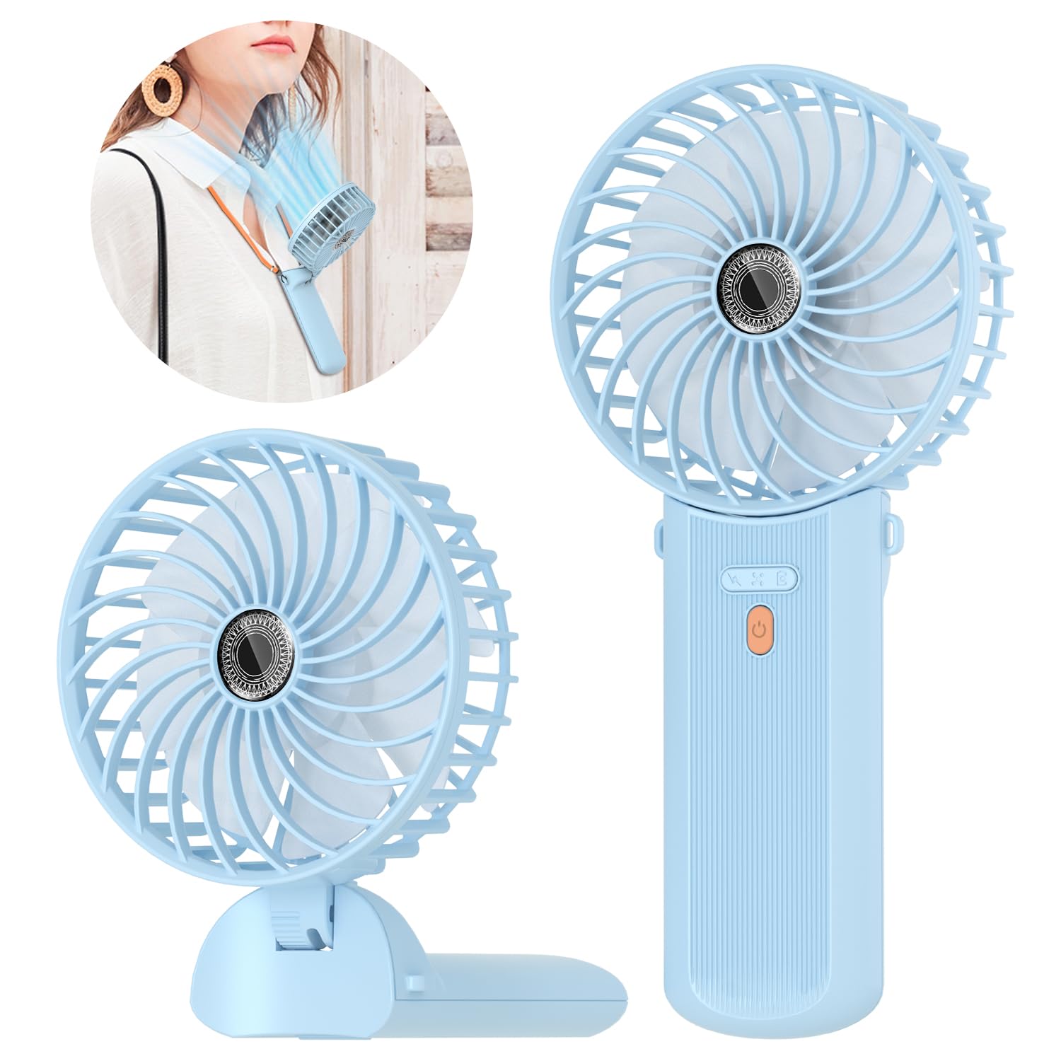 Lepwings Portable Mini Handheld Fan - Rechargeable Neck Hanging Fans with 16-Hour Cooling, Personal Handy Fan 4-Speeds Foldable Pocket Fan for Summer Outdoor Travel Home Office - Blue