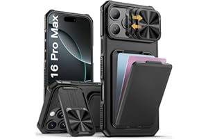 SSLOTSCASE for iPhone 16 Pro Max Case with Card Holder & Kickstand & Slide Camera Lens Cover, Silicone Edge Protection Rugged Heavy Duty Phone Case Cover for iPhone 16 Pro Max 6.9'' 2024, Black