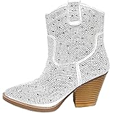 Women's Rhinestone Block Heel Ankle Boots River-01 By Forever White 6.5