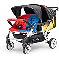 Familidoo H4E Quad Stroller Wagon for Kids, 4-Seater Daycare Baby Stroller with 5-Point Safety Harness, Lightweight & Foldable with All Reclining Seats, Double Canopy & Rain Cover – All-Terrain Wheels