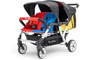 Familidoo H4E Quad Stroller Wagon for Kids, 4-Seater Daycare Baby Stroller with 5-Point Safety Harness, Lightweight & Foldable with All Reclining Seats, Double Canopy & Rain Cover – All-Terrain Wheels
