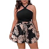 SOLY HUX Women's Plus Size 2 Piece Outfits Summer Halter Cami Tops and Tropical Print Shorts Set