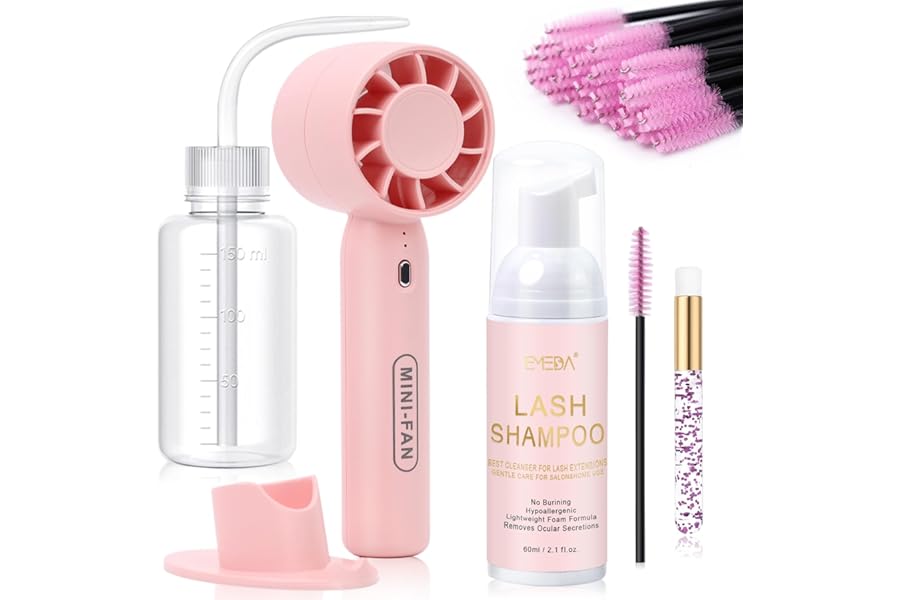 EMEDA Lash Shampoo Kit 2.02 fl oz Lash Cleaning Kit with Rechargeable Fan Dryer/Brush/Rinse Bottle, Oil-free Cleanser Wash for Extensions & Clusters & Natural Eyelashes, Cleaner for Eyelash Care