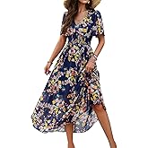 Women's Floral Maxi Dress Flowy V Neck Empire Waist Summer Wedding Guest Party Casual Chiffon Dress
