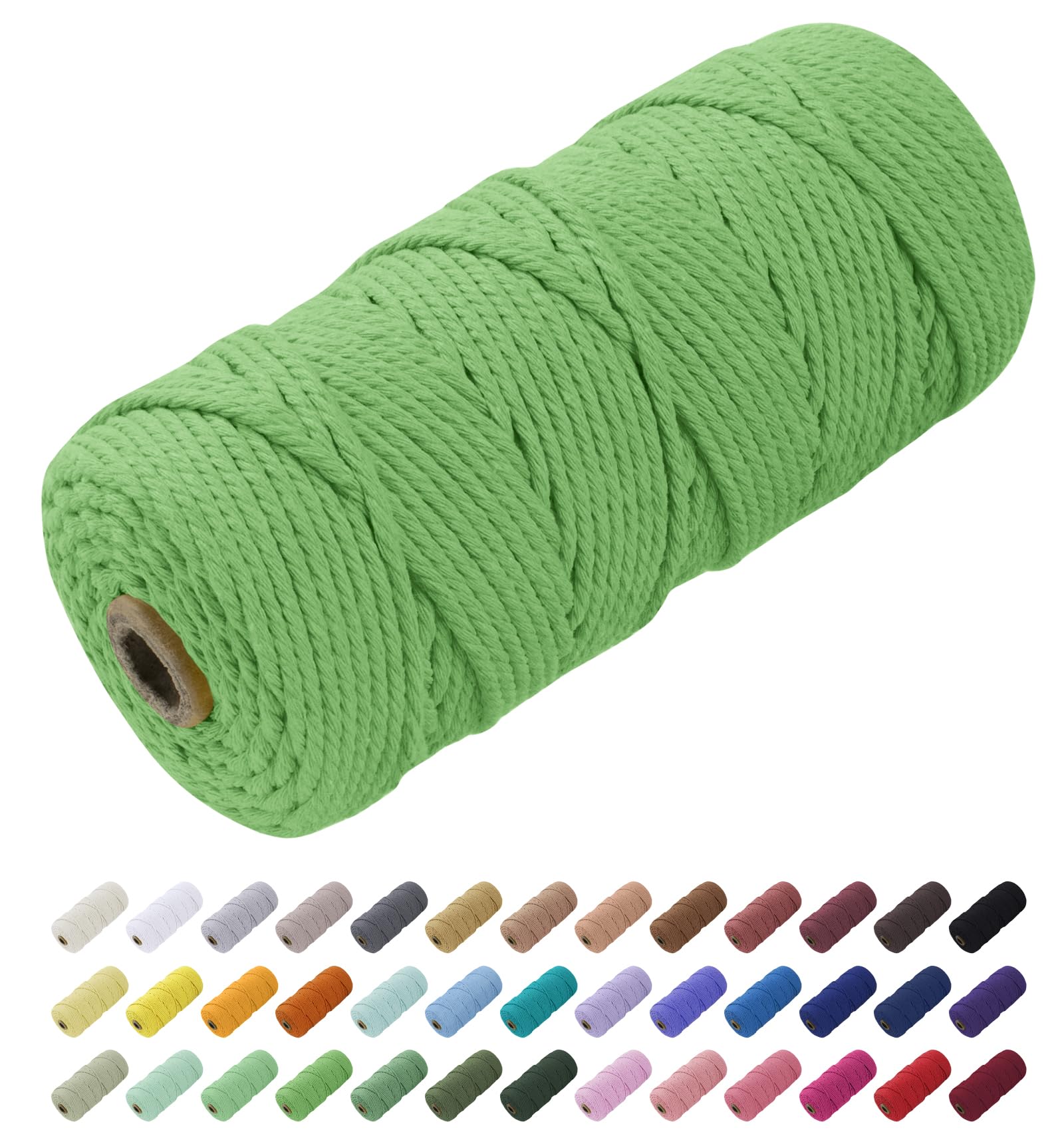 Uiopa Macrame Cord 3mm x 100m, Thick Rope Yarn Natural Cotton Cord, 4-Ply Macrame String for DIY Crafts, Plant Hangers, Wall Hangings, Decorations (Grass Green)