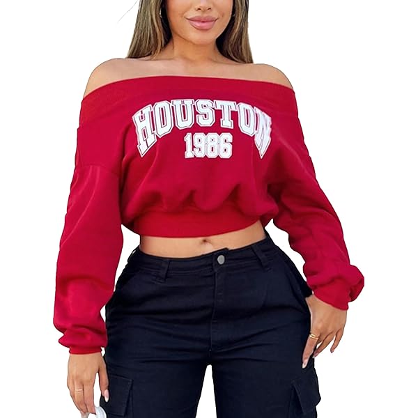 Hilinker Women's Off Shoulder Graphic Crop Sweatshirt Long