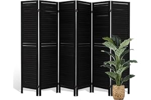 HIGREENA Room Divider, 5.6FT Folding Room Divider Panel, 6 Panel Louvered Wood Partition Wall Divider for Room Separation, Black