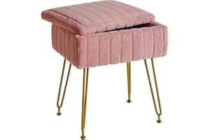 IBUYKE Stool Chair with Storage Space, Footrest Footstool Ottoman, Small Side Table, with 4 Metal Legs, with Anti-Slip Feet, for Makeup Room, Bedroom, Faux Fur, Pink LG-50P