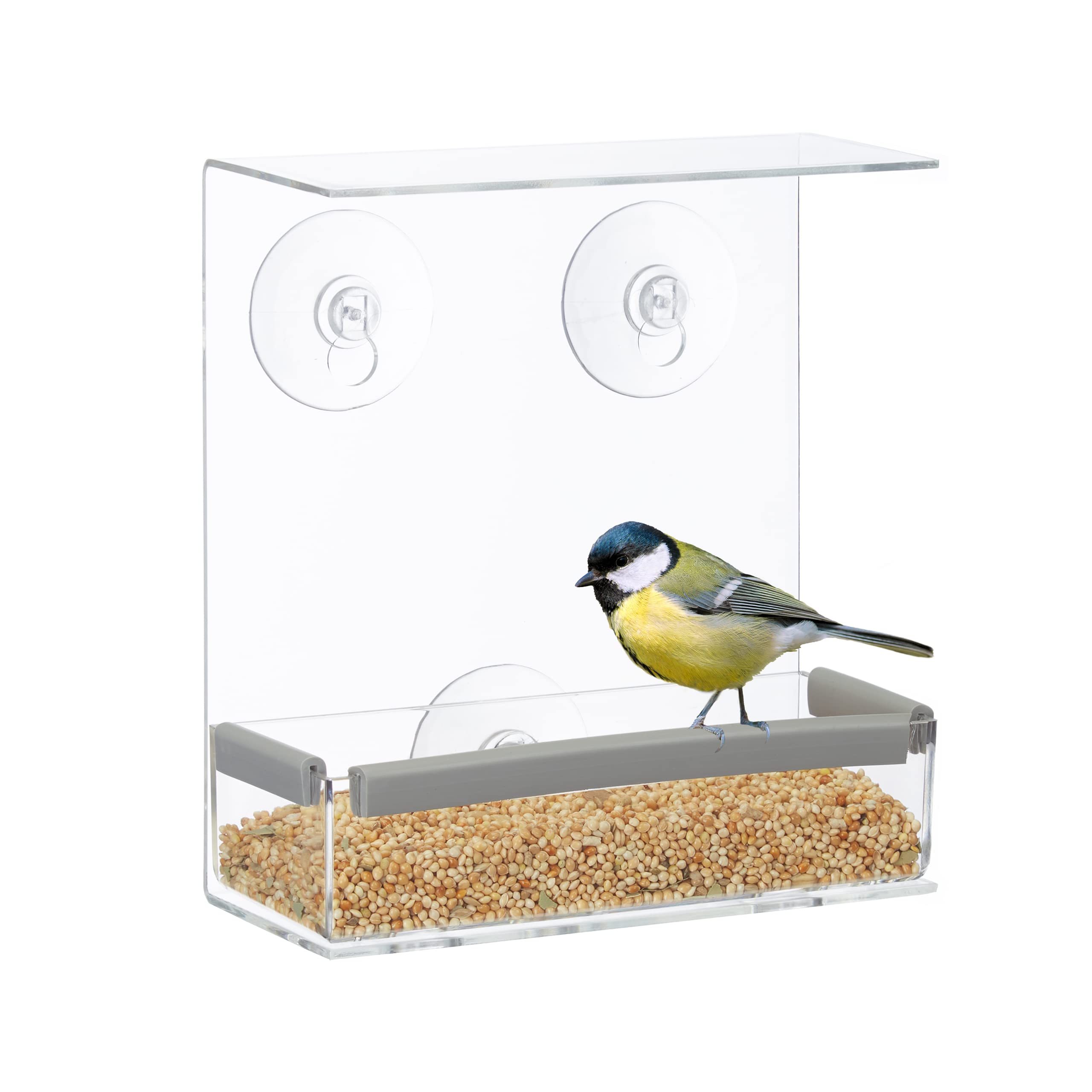 Relaxdays Window Bird Feeder, Feeding Station, With Suction Cups, H x W x D: 16.5 x 15 x 7.5 cm, Plastic, Transparent