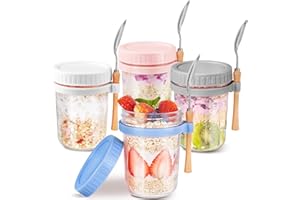 HomArtist Overnight Oats Containers with Lids and Spoons,16oz Mason Jars for Overnight Oats,Glass Meal Prep Jars with Lids for Oatmeal,Yogurt,Great Airtight Lid for On-The-Go Use - 4 Pack