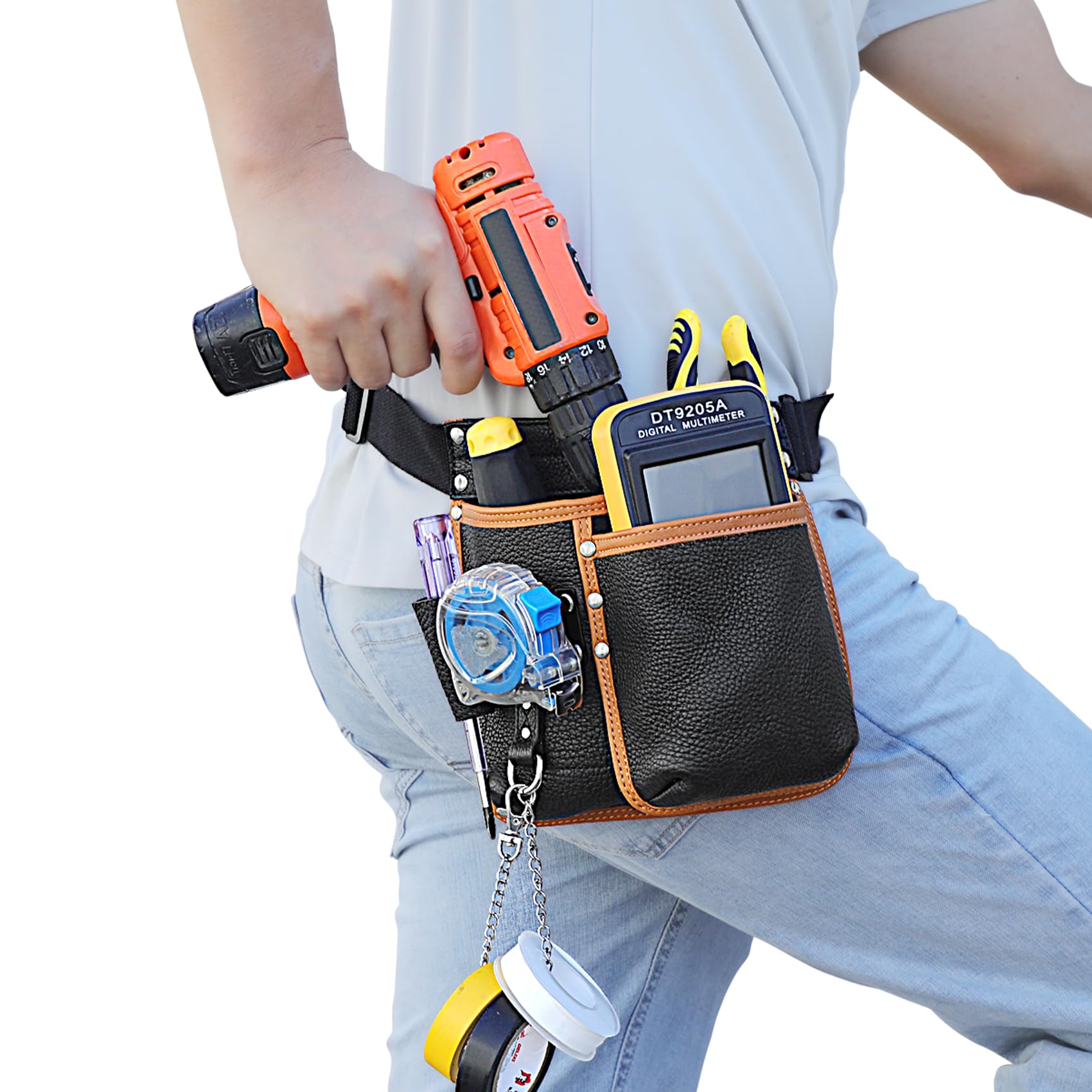 quipuda Tool Belt, Genuine Leather Tool Pouch, with Adjustable Waist Belt, Tool Bag with Tape Measure Holder for Electricians, Plumbers, Frame Builders