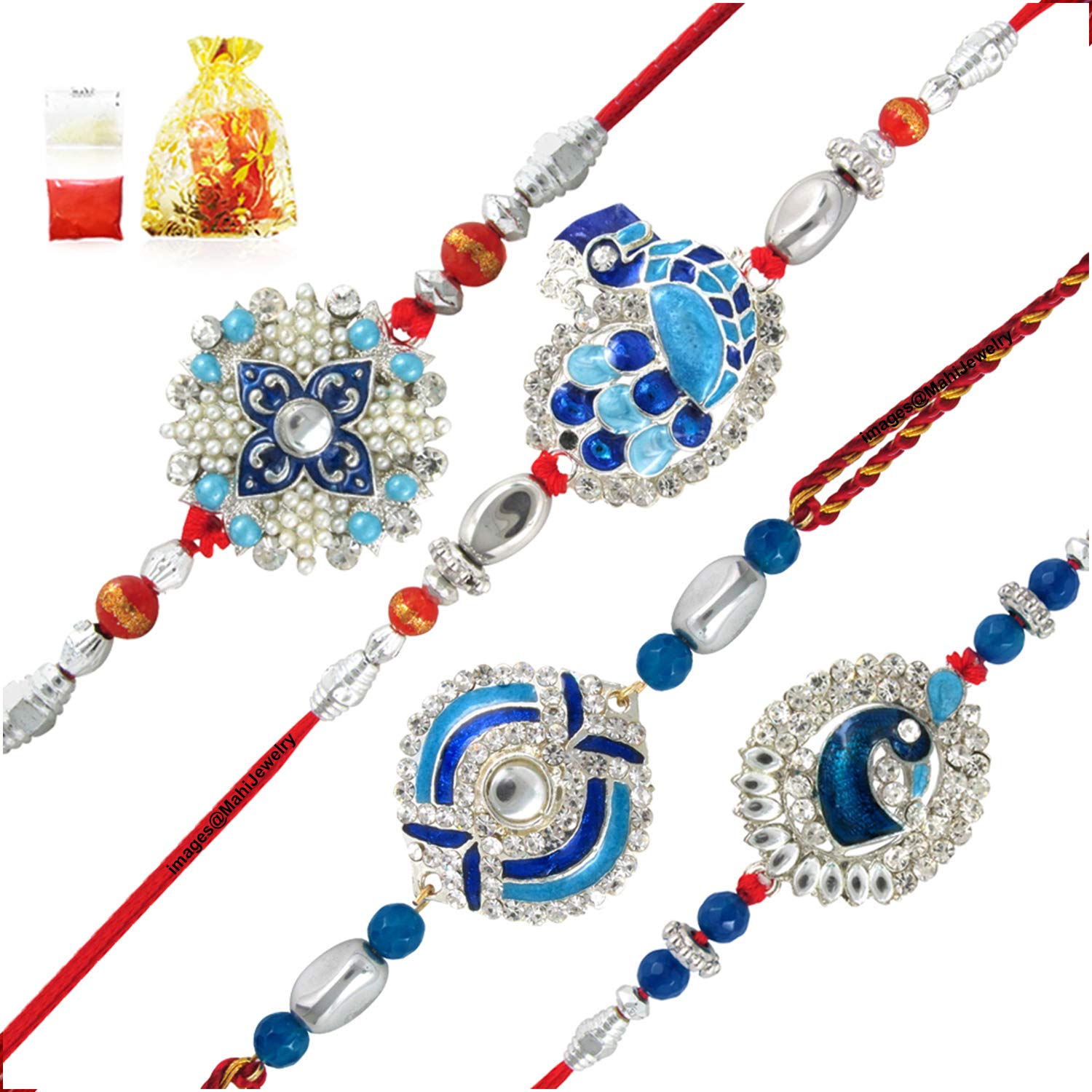 mahi combo of blue alloy peacock brass rakhis for men with artificial pearl, meenakari work and rhodium plating - 4 pieces(gold, red, white, blue)