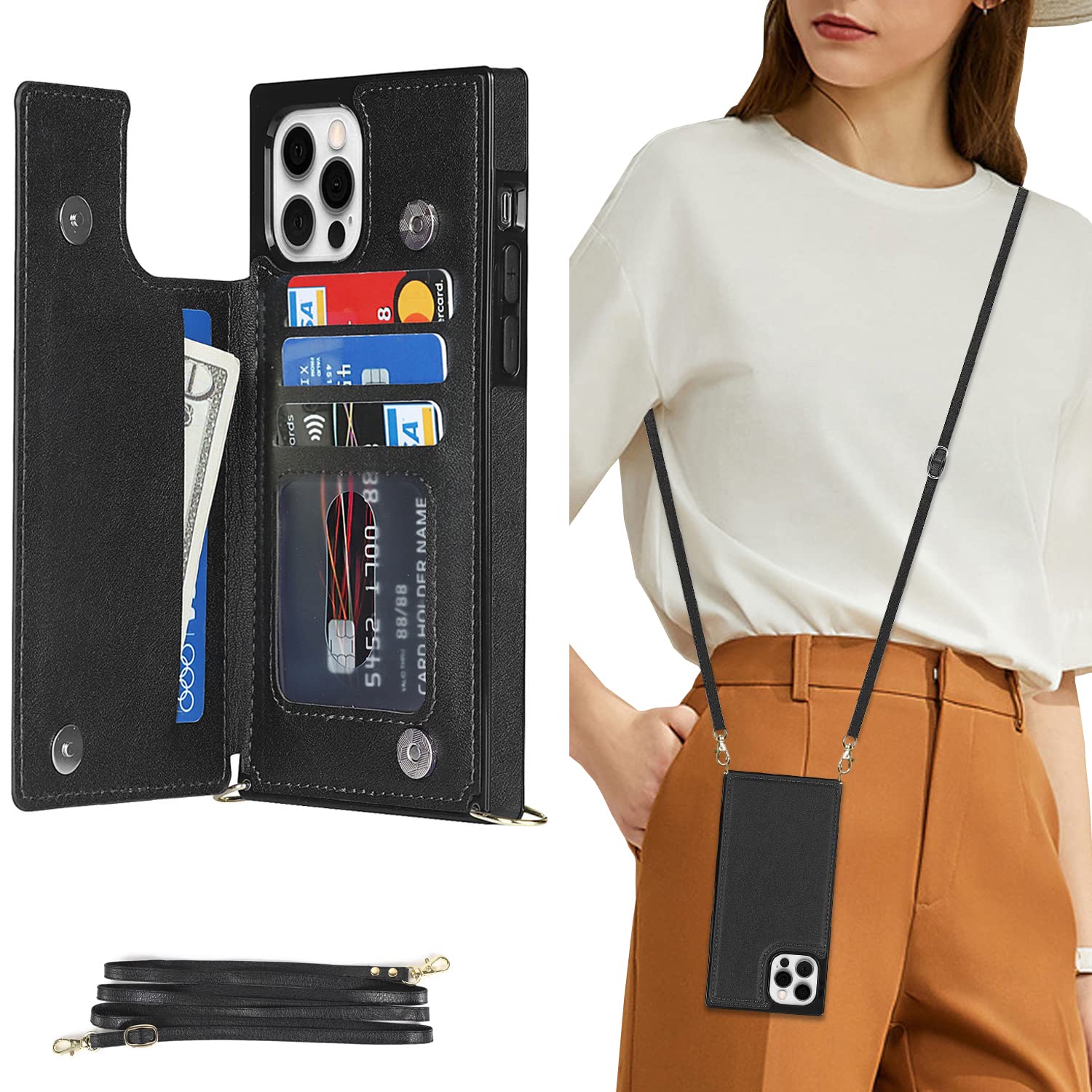 DEFBSC Compatible with iPhone 14 Pro Max Case, Crossbody Wallet Case, Adjustable Detachable Lanyard Neck Strap with Kickstand Card Holder Premium Leather Protective Back Cover - Black
