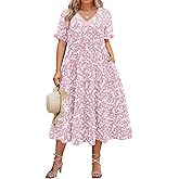 IN'VOLAND Womens Plus Size Short Sleeve Dress Summer Midi Casual Tiered V-Neck Aline Flowy Loose Dresses with Pockets