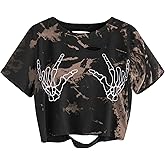 AVANOVA Women Skull Finger Graphic Distressed Tee Shirt Ripped Short Sleeve Crop Tops