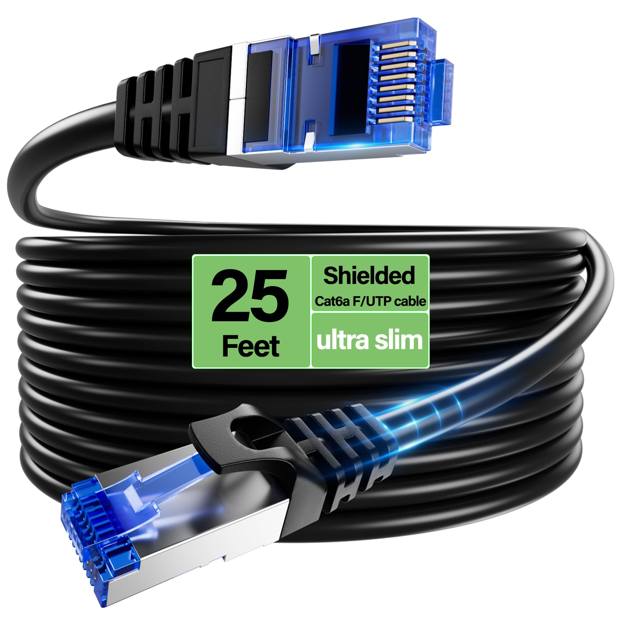 Photo 1 of TuokaJu Cat6A Ethernet Cable Shielded 10Gbps 25 ft, Slim Shielded (F/UTP) Ethernet Cable Cat 6, Flexible 28AWG Bare Copper Cat6 Cable, Space-Saving Cat 6a Network Cable for Server, Data Center, Black