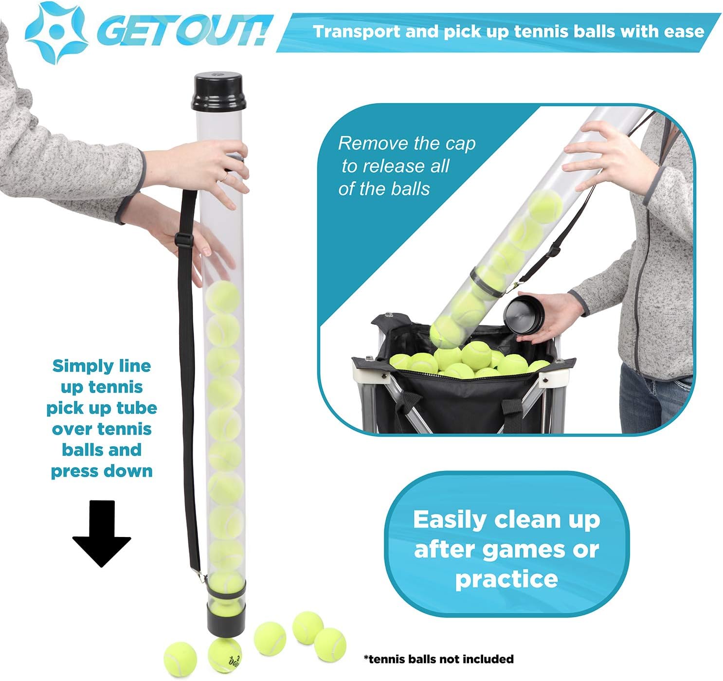 Get Out! Tennis Ball Hopper Tube for 16 Balls - Tennis Ball Pickup Collector Sports Ball Retriever Carrier - 40in, Black : Sports & Outdoors
