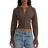 Saodimallsu Womens Cropped Sweaters Button Down Long Sleeve V Neck Ribbed Knit Slim Fit Pullover Crop Tops