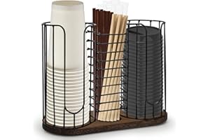 TANGGITECK 3-Compartment 18oz Coffee Cup Dispenser Rack with Wood Base, Disposable Cup, and Lid Organizer for Countertop - Perfect for Paper Cups, Straws, and Kitchen Cabinet Storage