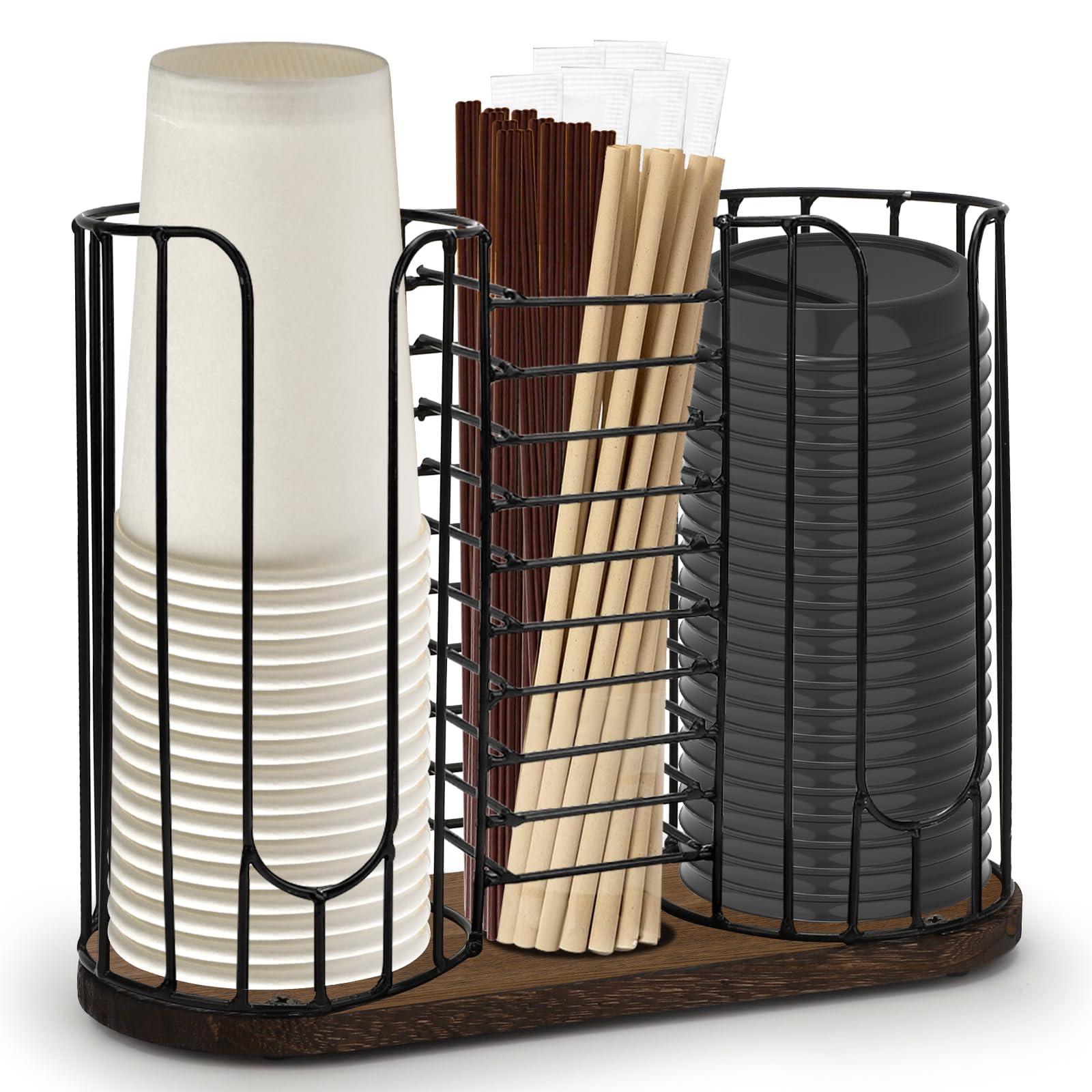 Photo 1 of 3-Compartment 18oz Coffee Cup Dispenser Rack with Wood Base, Disposable Cup, and Lid Organizer for Countertop - Perfect for Paper Cups, Straws, and Kitchen Cabinet Storage