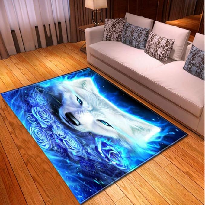 YDANH Alfombrillas de impresión 3D de Lobo Blanco Luminoso para Sala de
